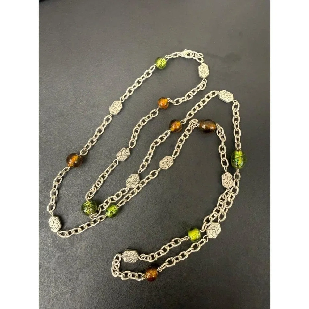 Boho Earthy Glass Necklace Amber Green Beaded Floral Etched Silver Tone Chain